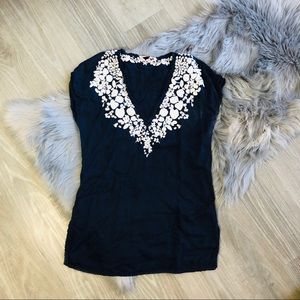 Tory Burch Navy Blue Sleeveless Blouse with White Embroidered V-Neck